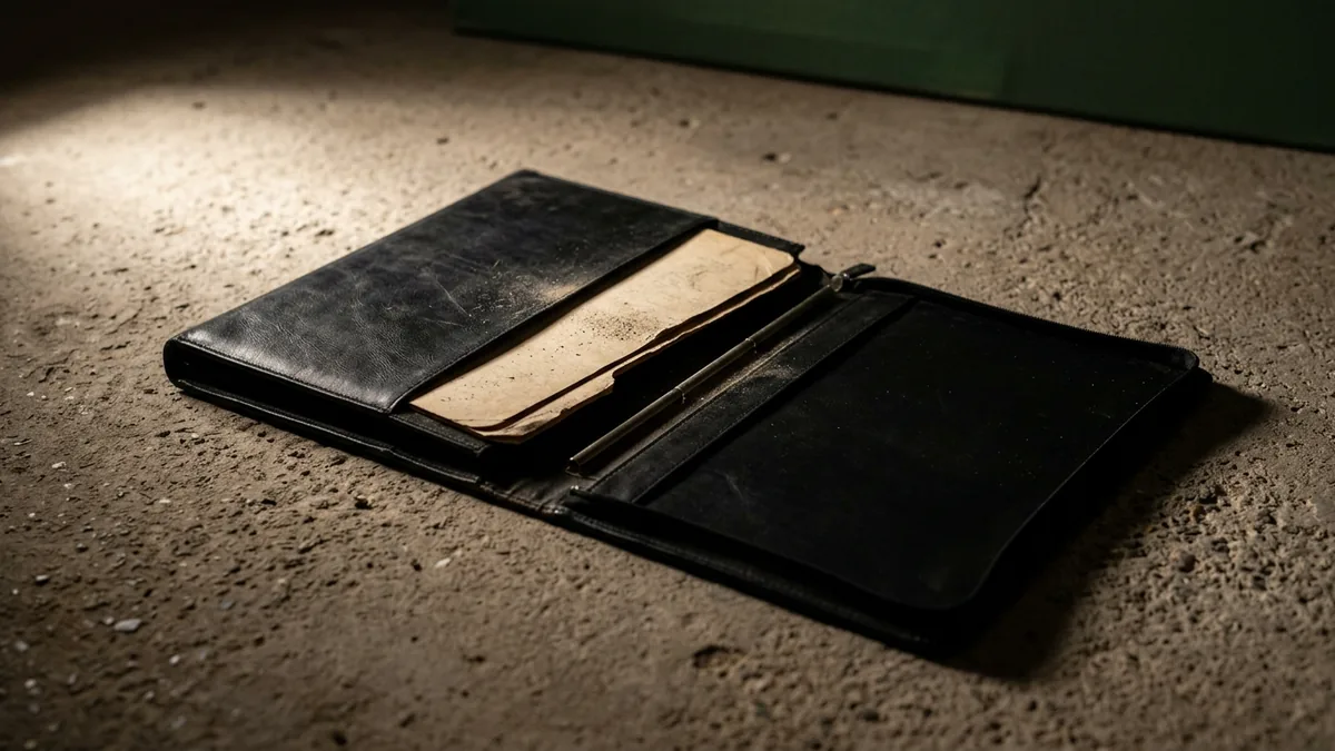A sleek, empty black portfolio lies open on a raw concrete floor, with a single dusty file folder peeking from a hidden compartment under a sharp, dramatic spotlight.