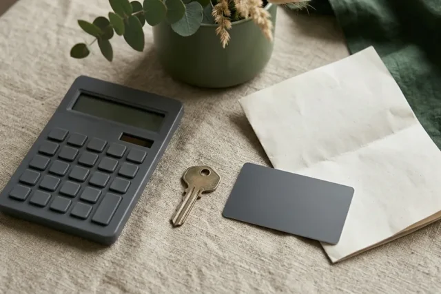 A plain calculator, a house key, a blank payment card, and a folded document lie on a muted, textured surface, illuminated by a single, soft light source.