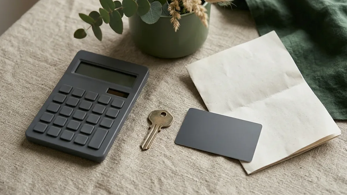 A plain calculator, a house key, a blank payment card, and a folded document lie on a muted, textured surface, illuminated by a single, soft light source.