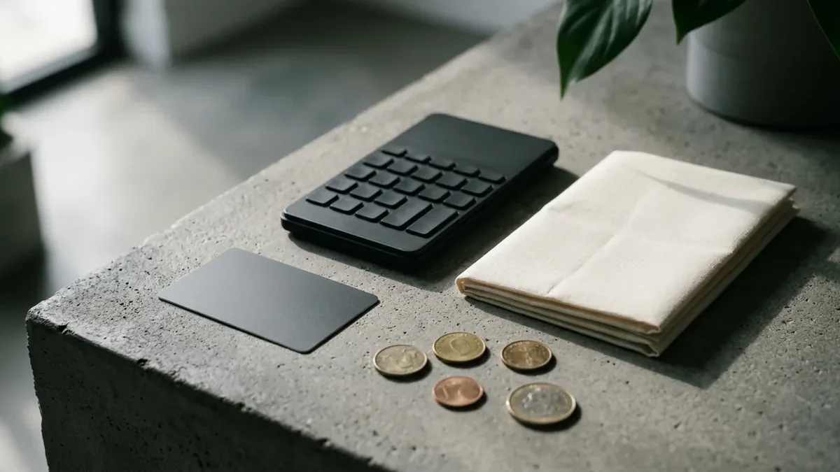 A blank payment card rests on a cool, minimalist concrete surface, shadowed by a plain calculator and a neatly folded blank document, with a few scattered coins under a focused, dramatic light.