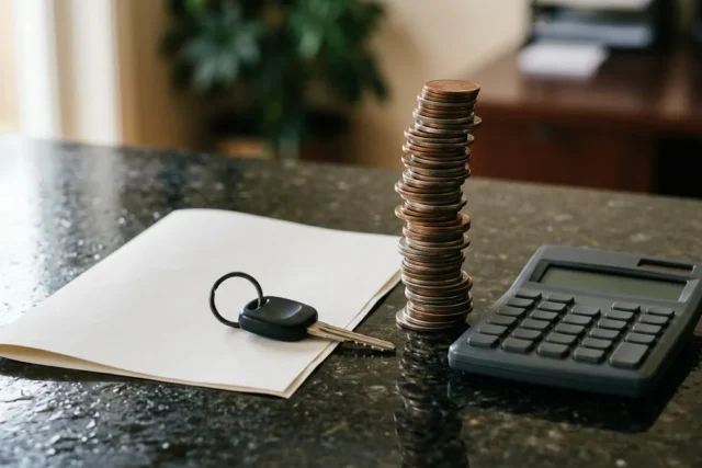 A single set of car keys sits on a folded blank document next to a towering, top-heavy stack of coins and a plain calculator, captured in sharp side-light on a wet, dark granite surface.