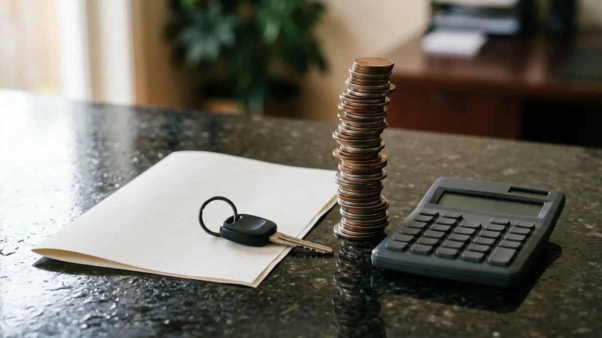 A single set of car keys sits on a folded blank document next to a towering, top-heavy stack of coins and a plain calculator, captured in sharp side-light on a wet, dark granite surface.