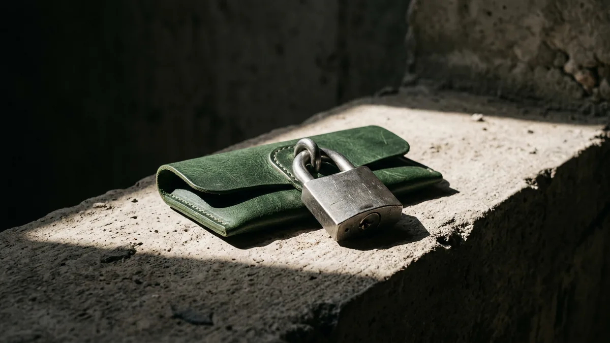 A heavy steel padlock clamping shut a minimalist dark-leather pouch, cast in sharp, geometric shadows on a raw concrete ledge under a single beam of dramatic sunlight.