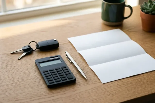 Car keys, a plain calculator, and a pen lie beside a pristine, folded document on a sunlit minimalist desk, captured in a slightly elevated, sharp-focus frame.