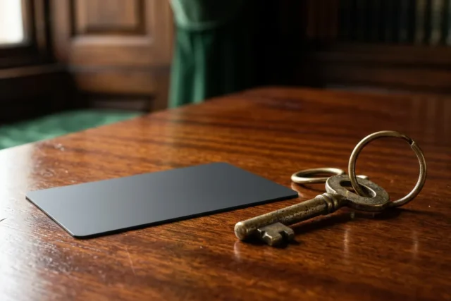 A plain, dark-grey credit card rests on a polished mahogany desk next to a vintage brass key on a ring, captured in a dramatic, low-angle shot lit by a single beam of light through a window.
